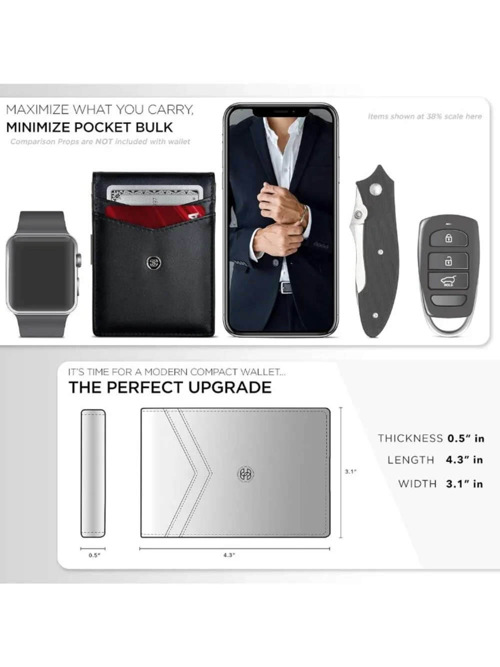 Minimalist Slim Bifold Wallet with Money Clip & ID Window, RFID Blocking